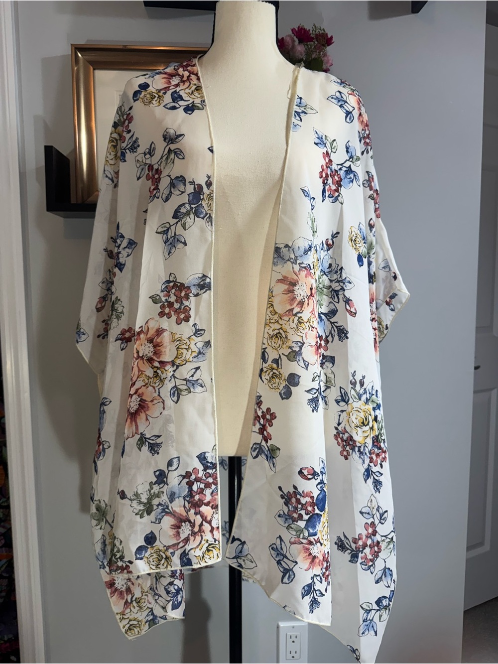 Honeyme Floral White Open Front Kimono Wrap with Pink, Blue & Yellow Flowers